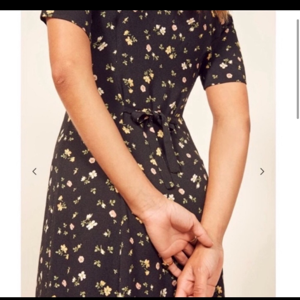 Reformation Dress Womens 4 Black Floral V-Neck Short Sleeve Button Front‎ Midi - Picture 14 of 15